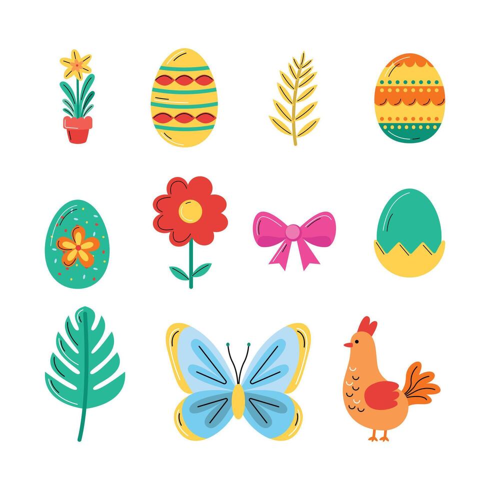 Illustration of Hand Drawn Easter Elements. Set of Eggs, Bunnies, and Floral Designs vector