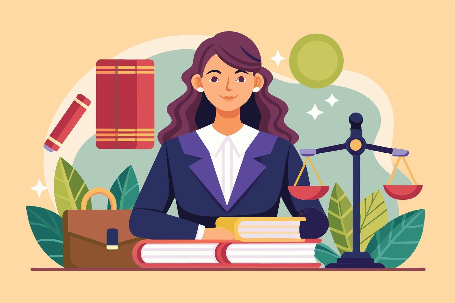 A confident woman lawyer sitting at her desk with legal books and a scale of justice in a bright and organized office setting vector