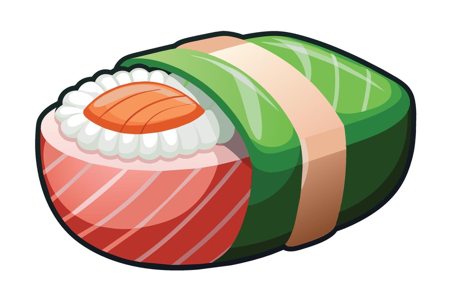 Sushi roll with salmon, rice, and seaweed, presented on a white background for a vibrant culinary display vector