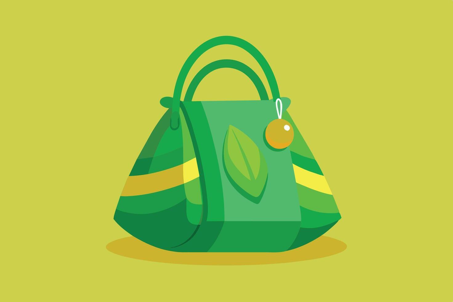 A vibrant green handbag with leaf pattern and yellow stripes on a yellow background, showcasing eco-friendly fashion design vector