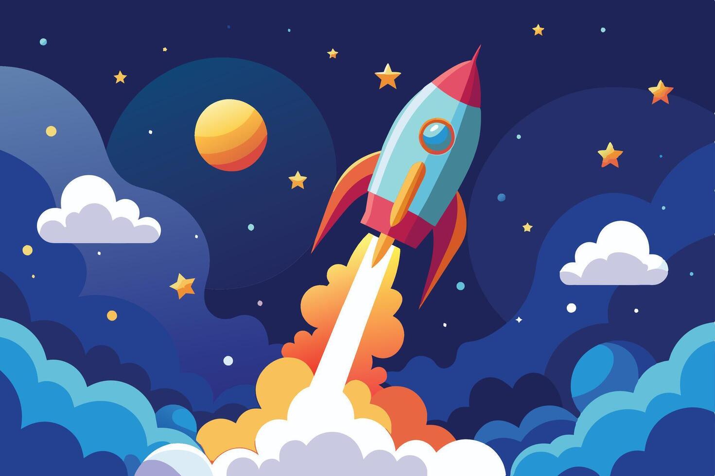 A colorful rocket soaring through clouds on a starry night with a planet in the background vector