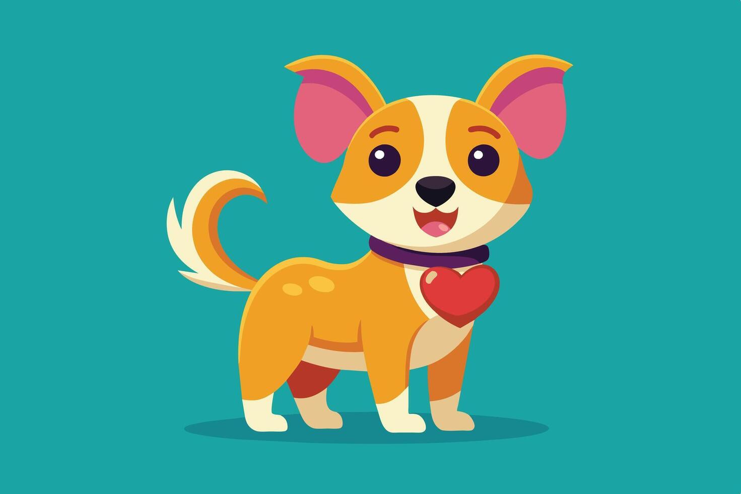 Cute cartoon corgi puppy standing happily on a bright teal background with a heart-shaped tag around its neck vector