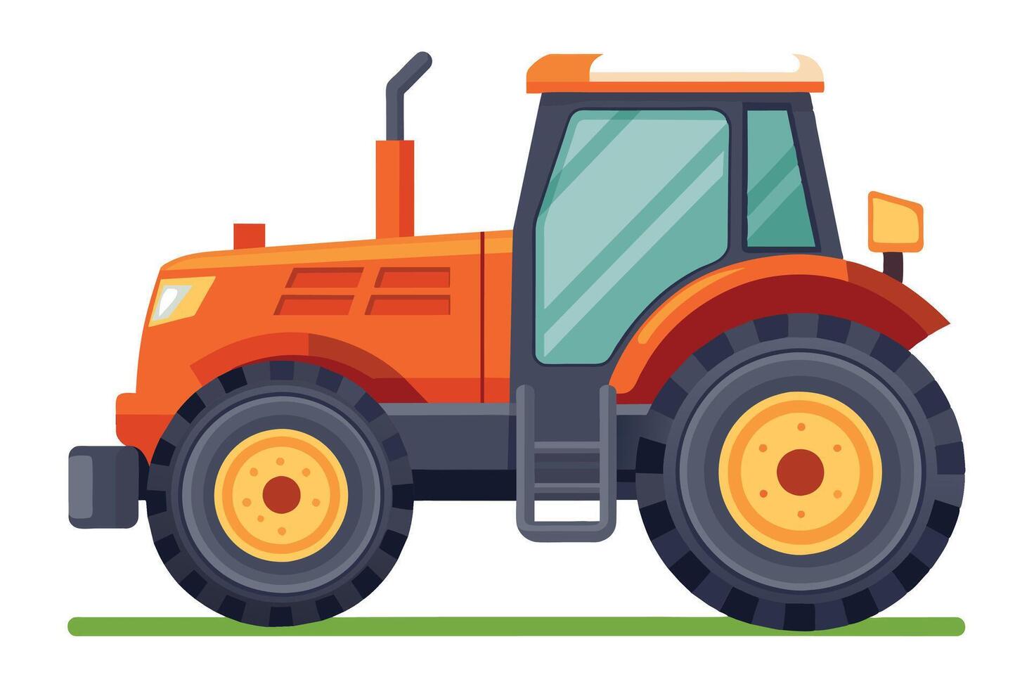 Bright red tractor parked on green grass in a sunny agricultural field during a clear day, showcasing its simple yet robust design vector
