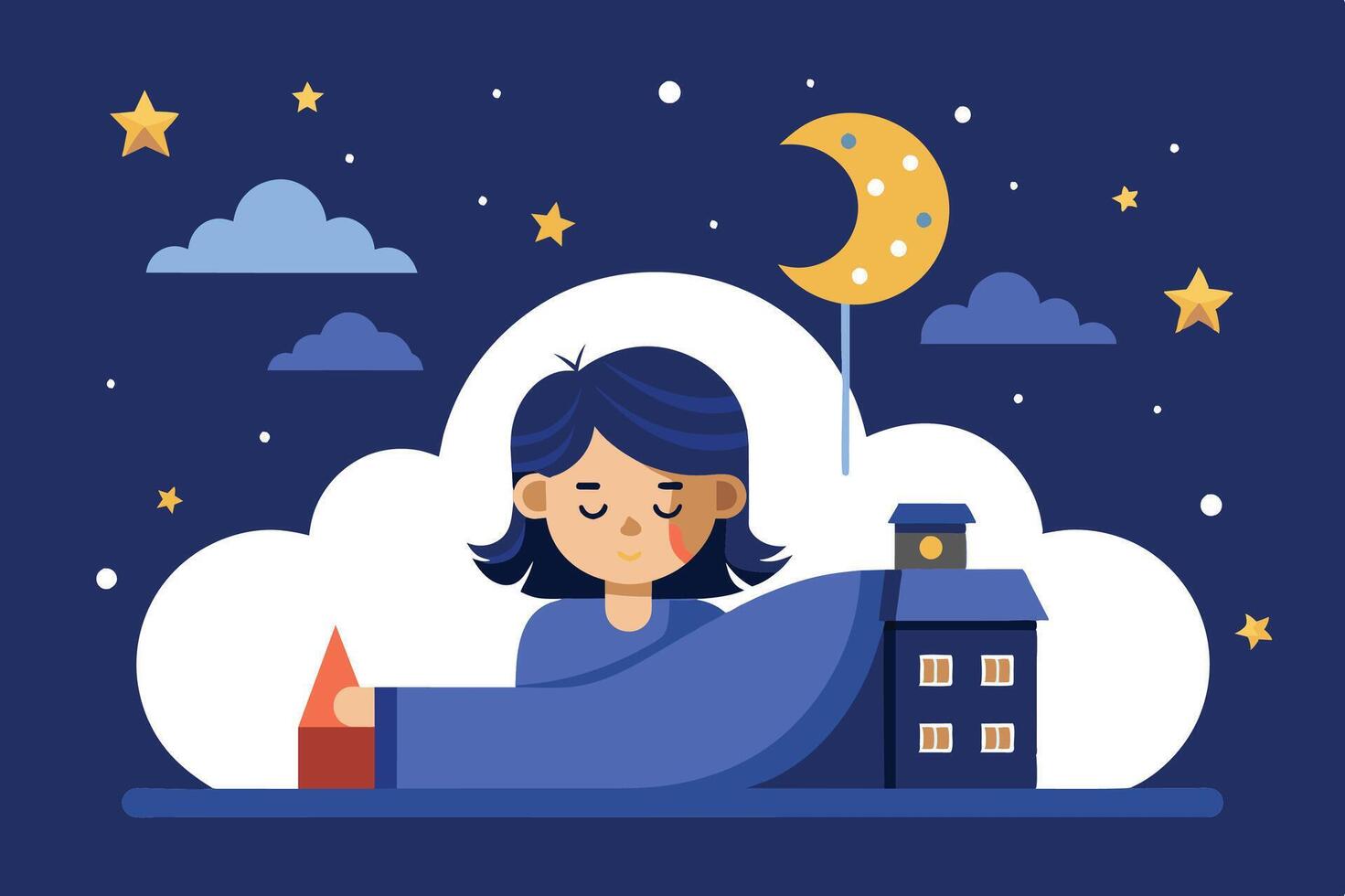 A child peacefully sleeping under a starry night with a crescent moon and a cozy house in the background vector
