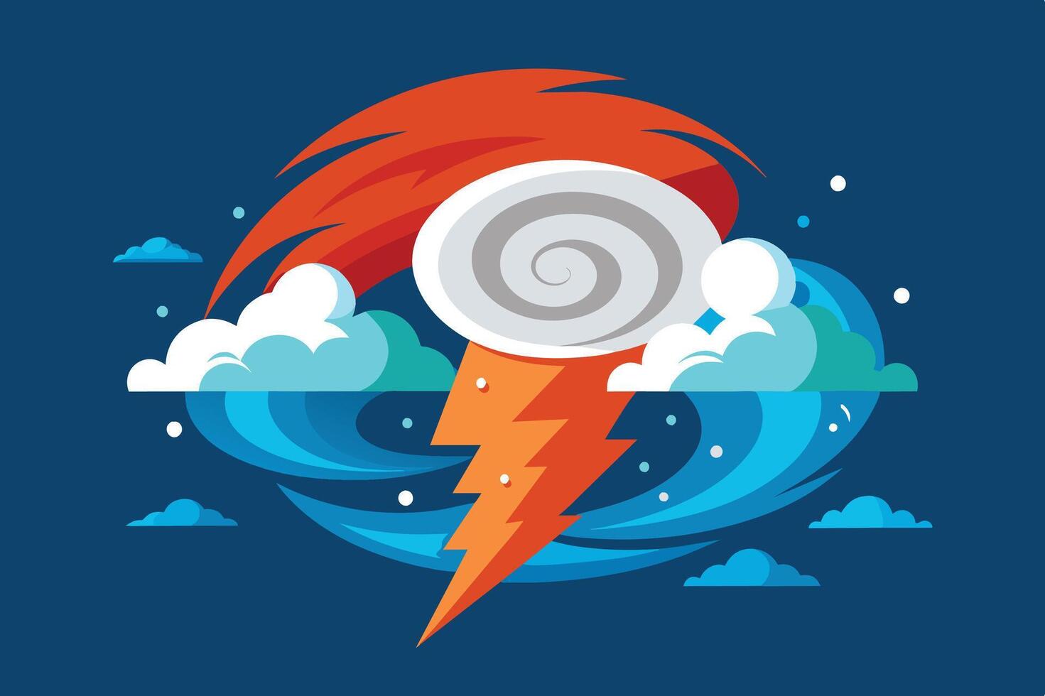 A digital illustration depicting a swirling storm with lightning bolts and colorful clouds against a blue background vector