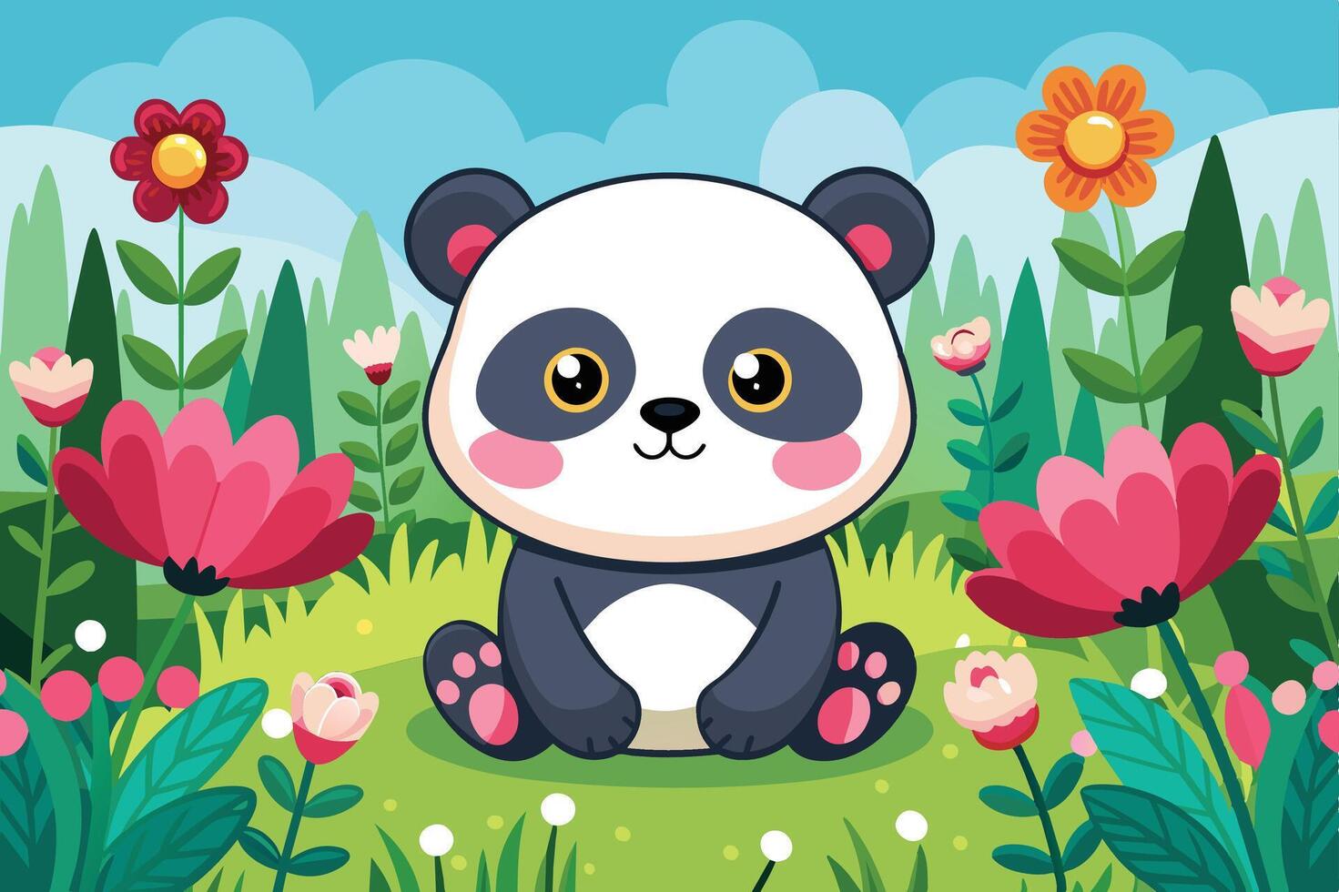 A cute panda resting among colorful flowers in a bright, sunny garden surrounded by lush greenery and gentle hills vector
