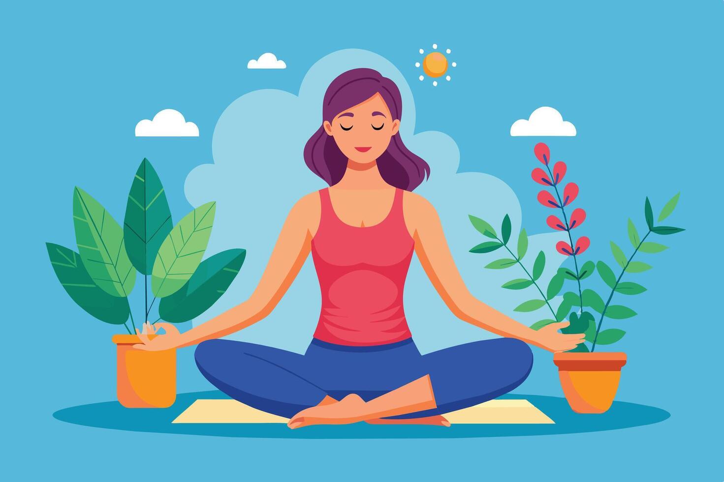 Woman practicing yoga in a serene indoor space surrounded by plants on a sunny day vector