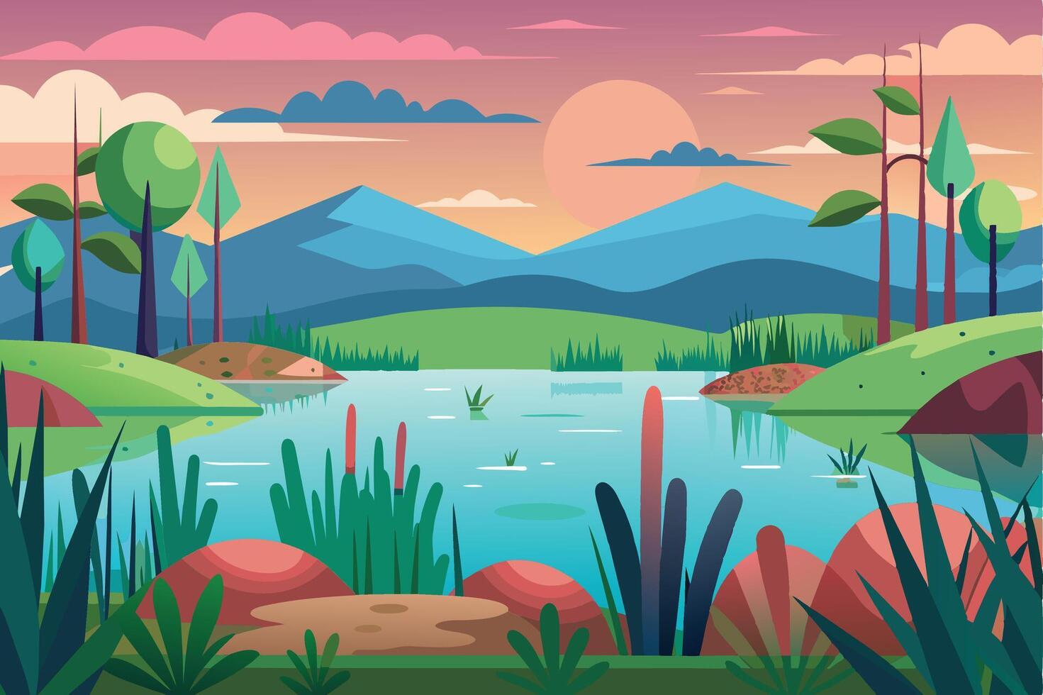 A tranquil sunset over a serene lake surrounded by mountains and lush greenery in a vibrant landscape vector