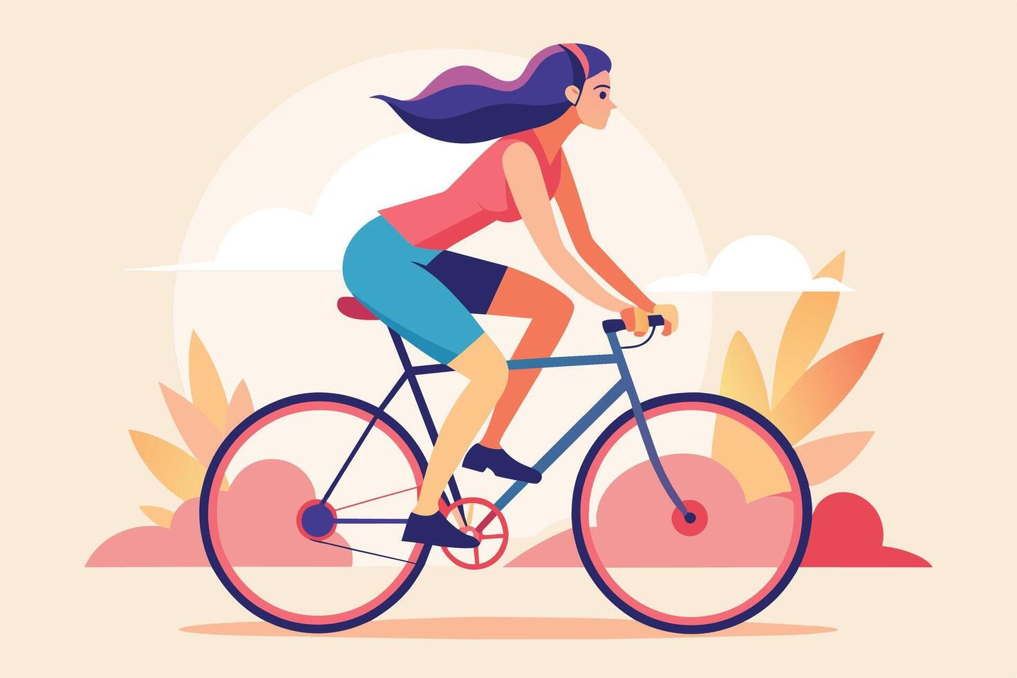 A young woman cycling through a serene landscape during a sunny day, embracing the joys of outdoor exercise and adventure vector