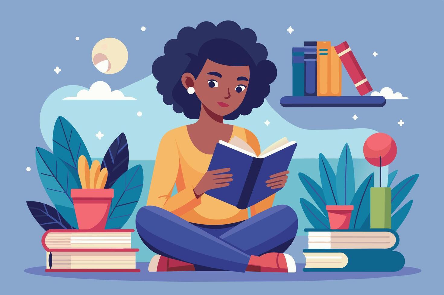 A young woman with curly hair sits cross-legged in a cozy space reading a book surrounded by plants and shelves at midday vector