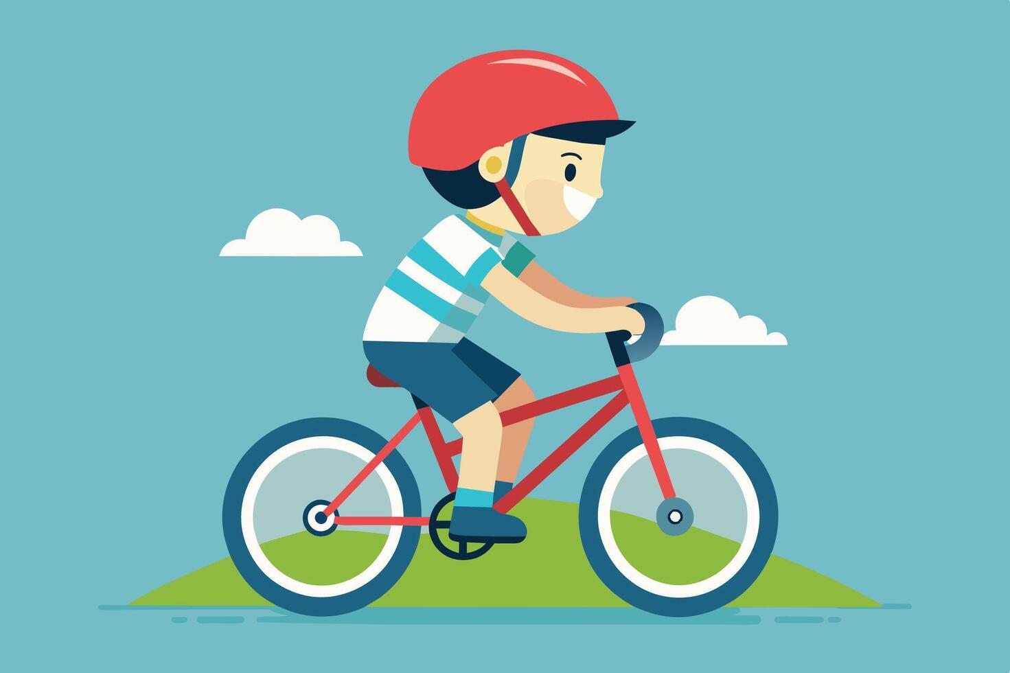 A child riding a red bicycle on a grassy hill under a clear blue sky with fluffy clouds during a sunny day vector