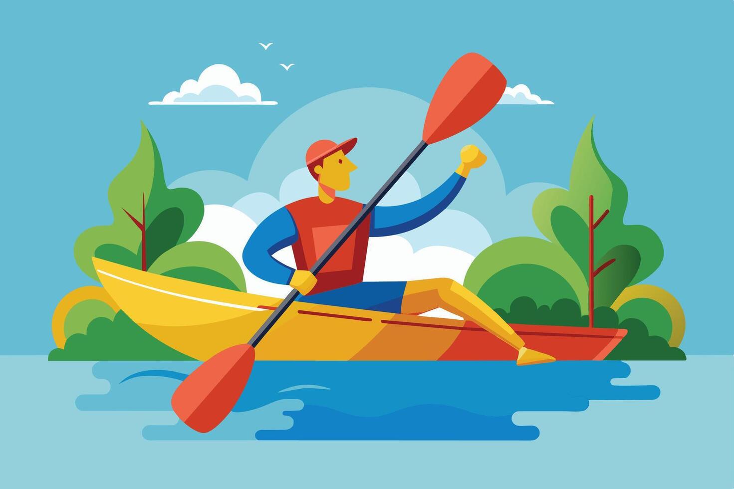 Person kayaking on a calm lake surrounded by lush trees and a clear blue sky in a vibrant, sunny scene vector