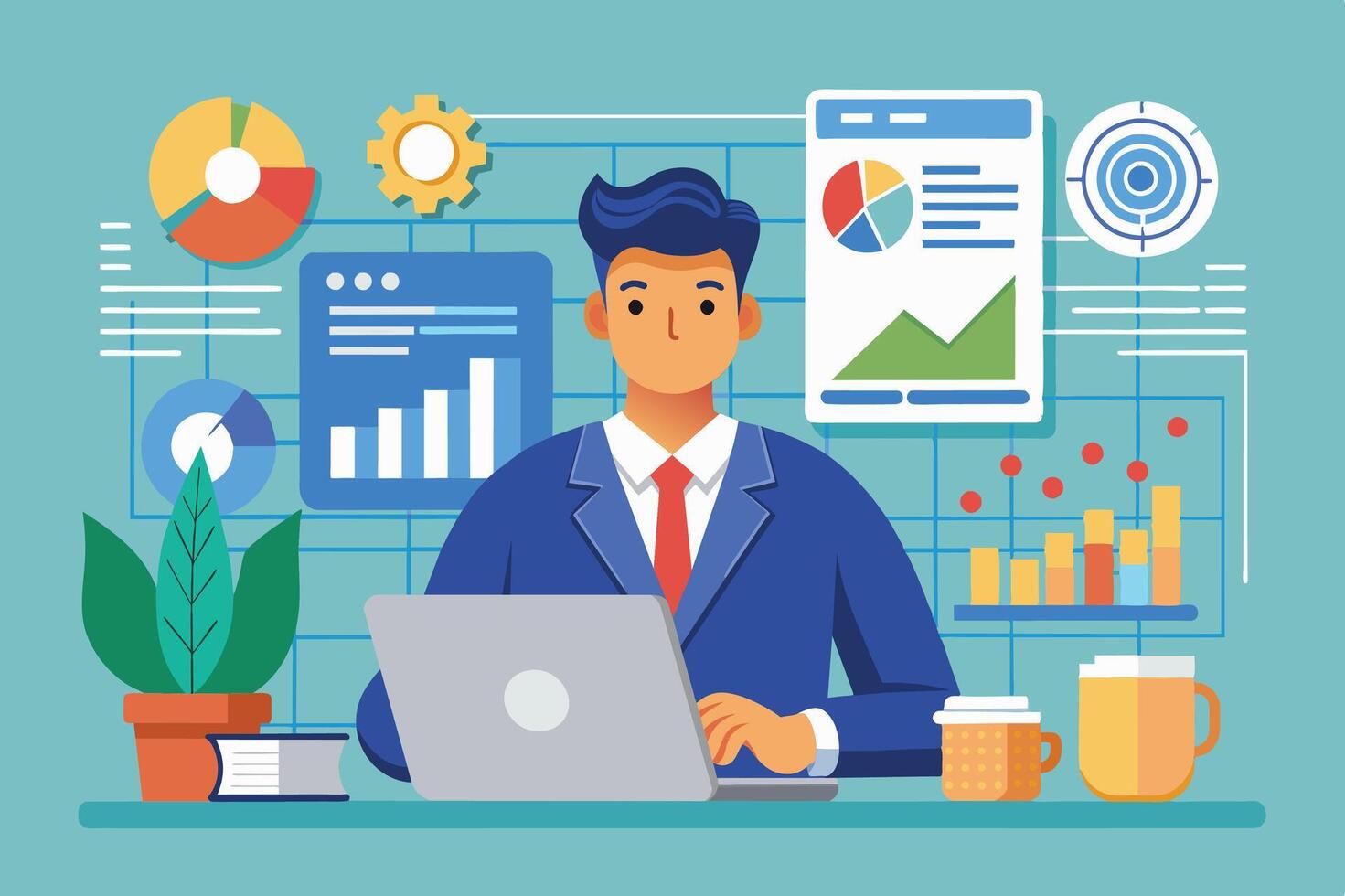 A young professional working on a laptop in a modern office with charts and graphs illustrating data analysis and strategy development vector