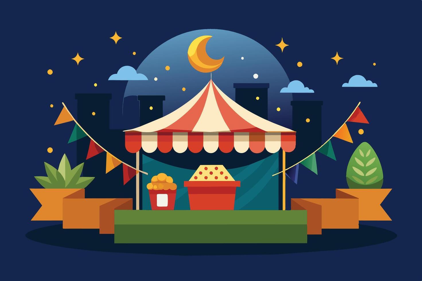 Colorful festival tent with popcorn and decorations in a nighttime cityscape setting vector