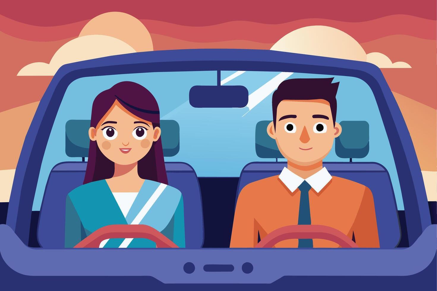 A young couple enjoys a scenic drive at sunset, smiling and engaged, with colorful clouds in the background on a clear sky vector