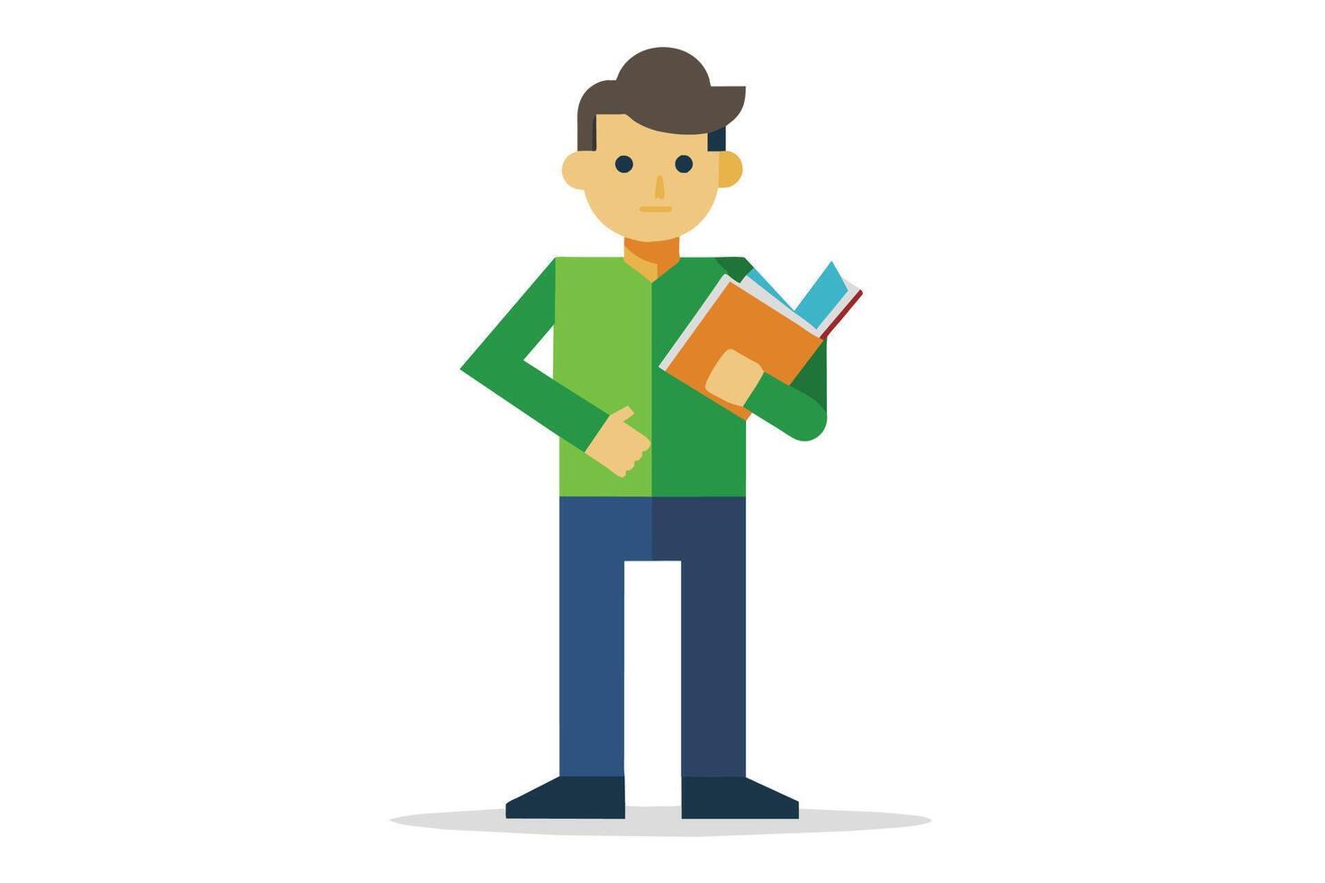 A young person reading a book while standing indoors during the day in a brightly colored outfit vector