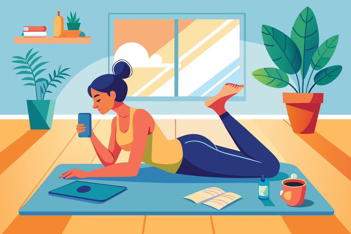 Young woman relaxing on a yoga mat at home while using a smartphone in a bright, cozy living space during the afternoon vector