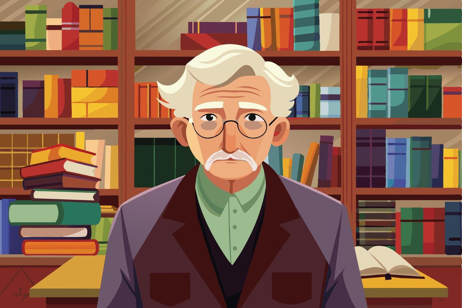 An elderly man with glasses stands in a cozy library filled with colorful books, creating a serene atmosphere of knowledge and wisdom vector