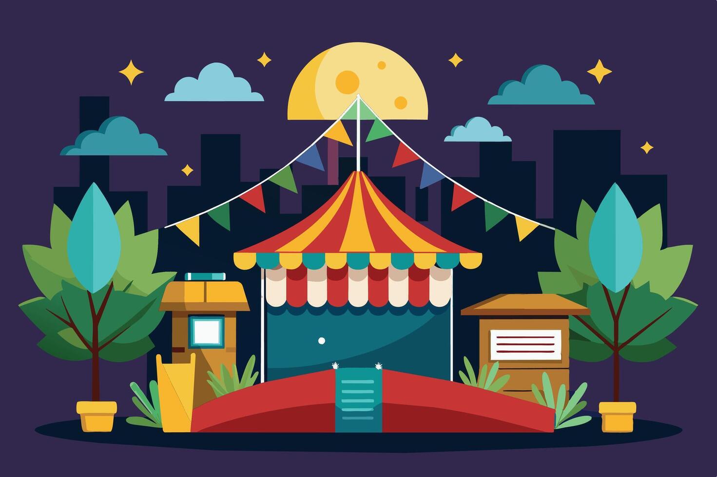 Colorful carnival tent under a bright moon in a city with stylized clouds and trees during a cheerful evening festival vector