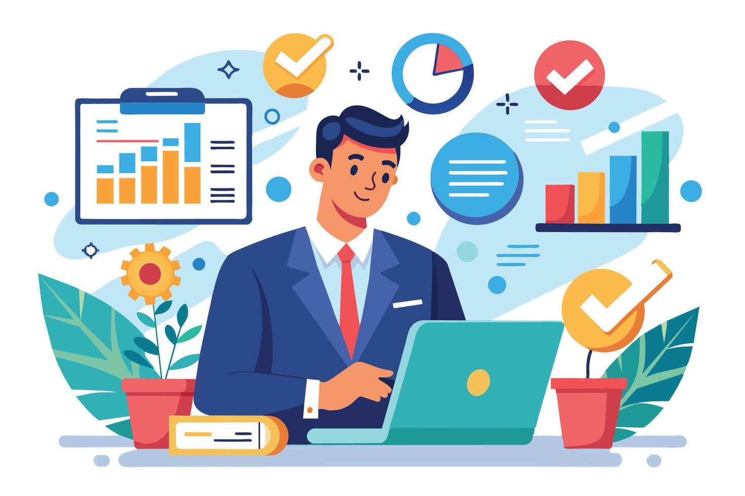 A businessman analyzes data and charts while working on a laptop surrounded by plants and office supplies in a modern workspace vector