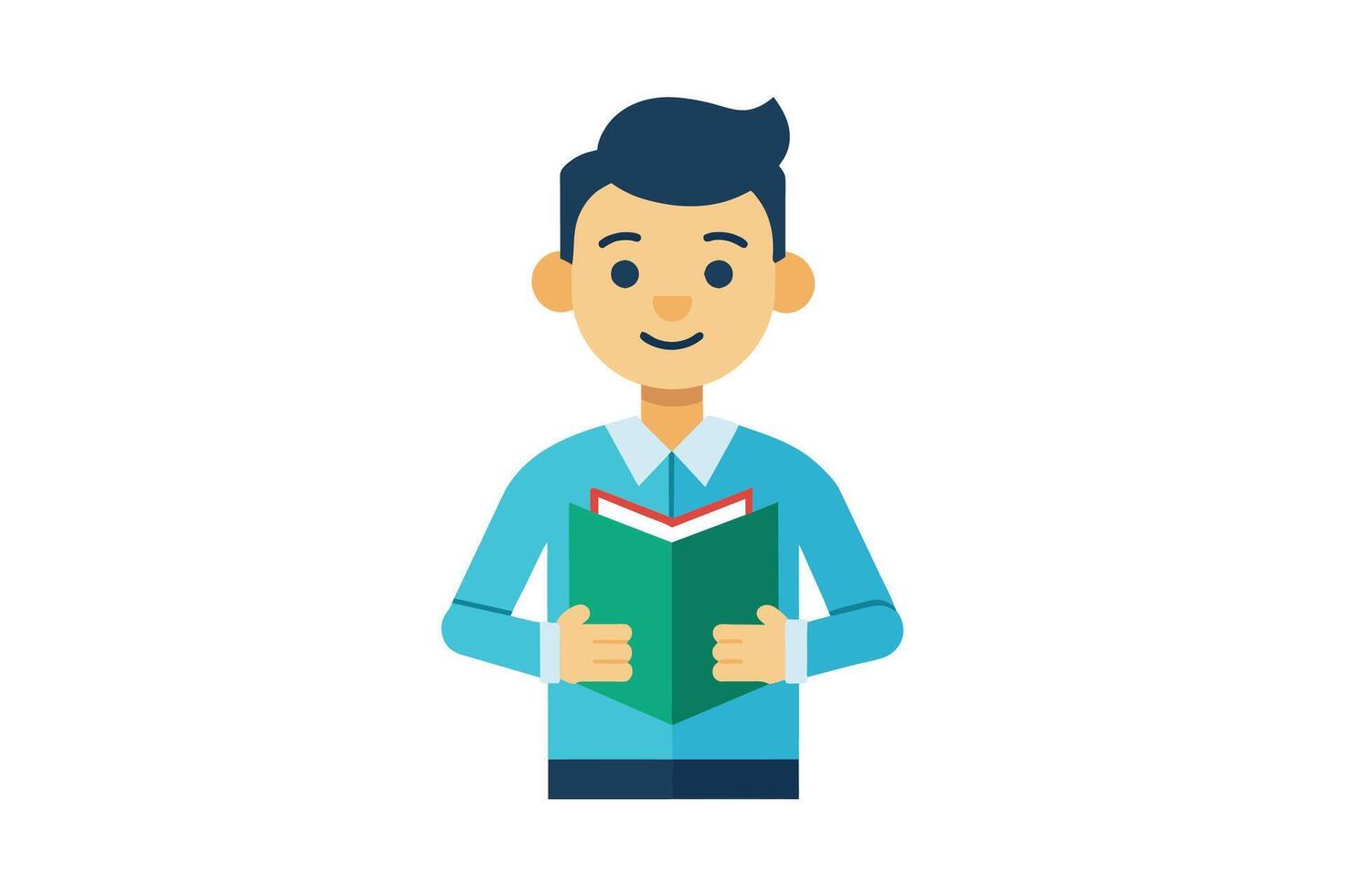 Young man happily reading a book indoors, showcasing enthusiasm for learning and enjoying literature in a bright environment vector