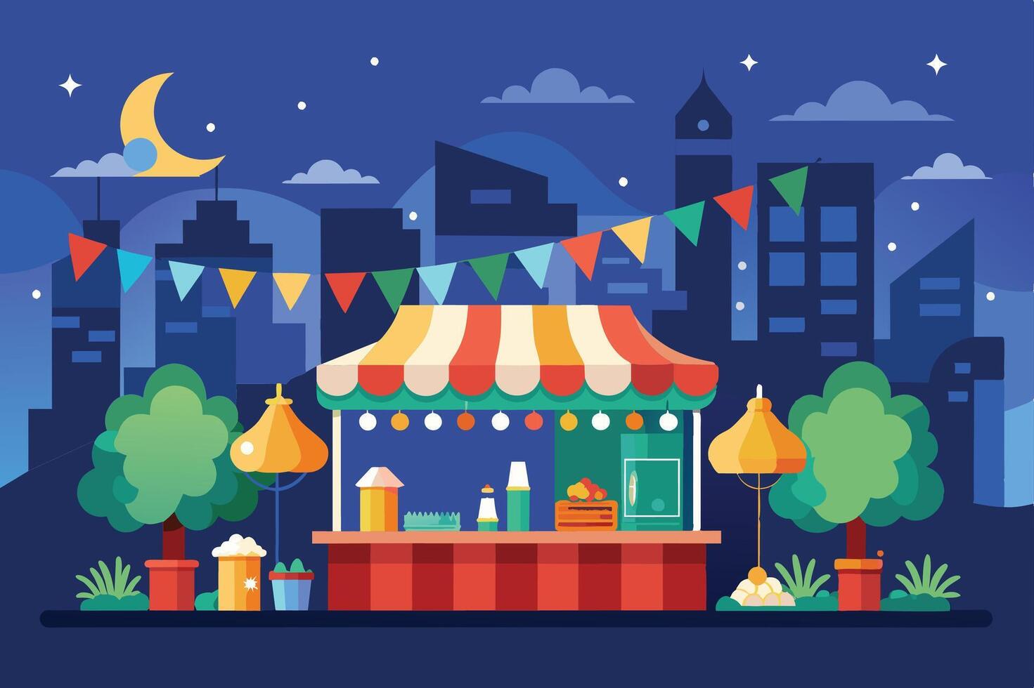 Vibrant night market stall with colorful decorations and city skyline in the background, showcasing local foods and drinks vector