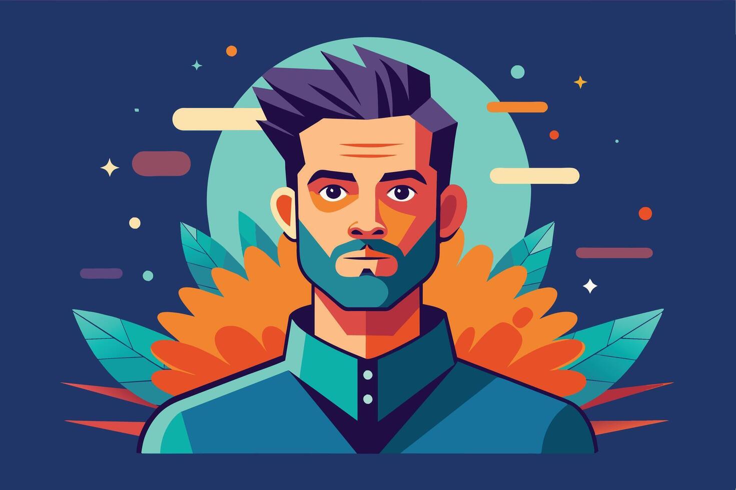 Digital portrait of a young man with a beard surrounded by colorful flowers and foliage set against a bold blue and green background vector