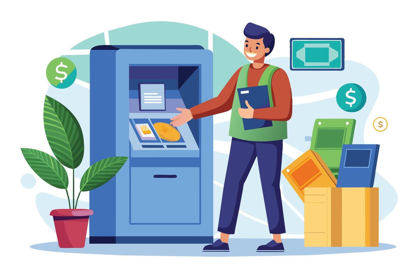 Person using an ATM with a confident smile while holding a folder near various financial symbols and colorful office supplies vector