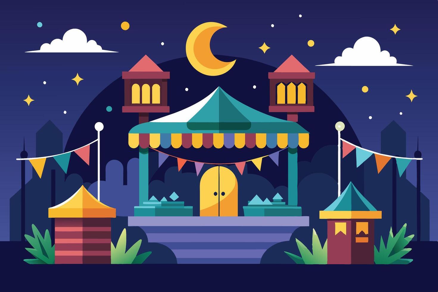 Colorful festival fairground with decorative tents and a moonlit sky displaying vibrant banners and a central pavilion at night vector
