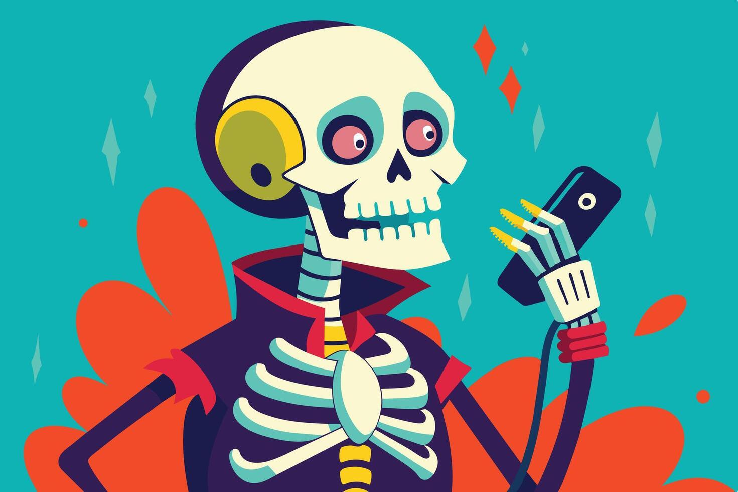 A cartoon skeleton with vibrant colors checks a smartphone while posing playfully against a bright background vector
