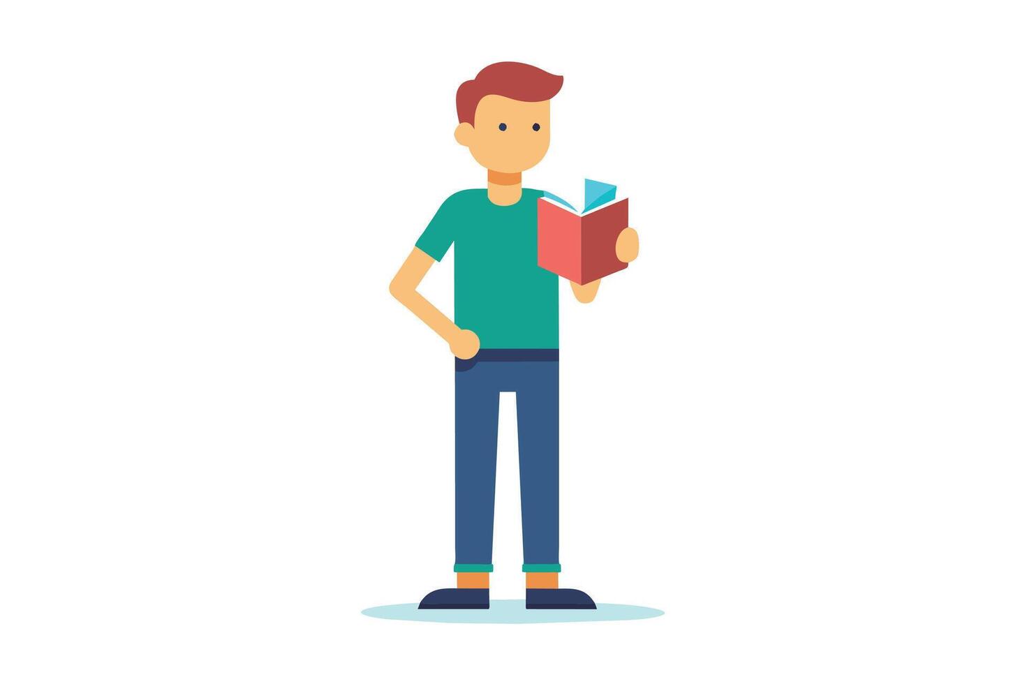A young person stands while reading a book, showcasing a moment of curiosity and learning in a colorful, minimalistic style vector