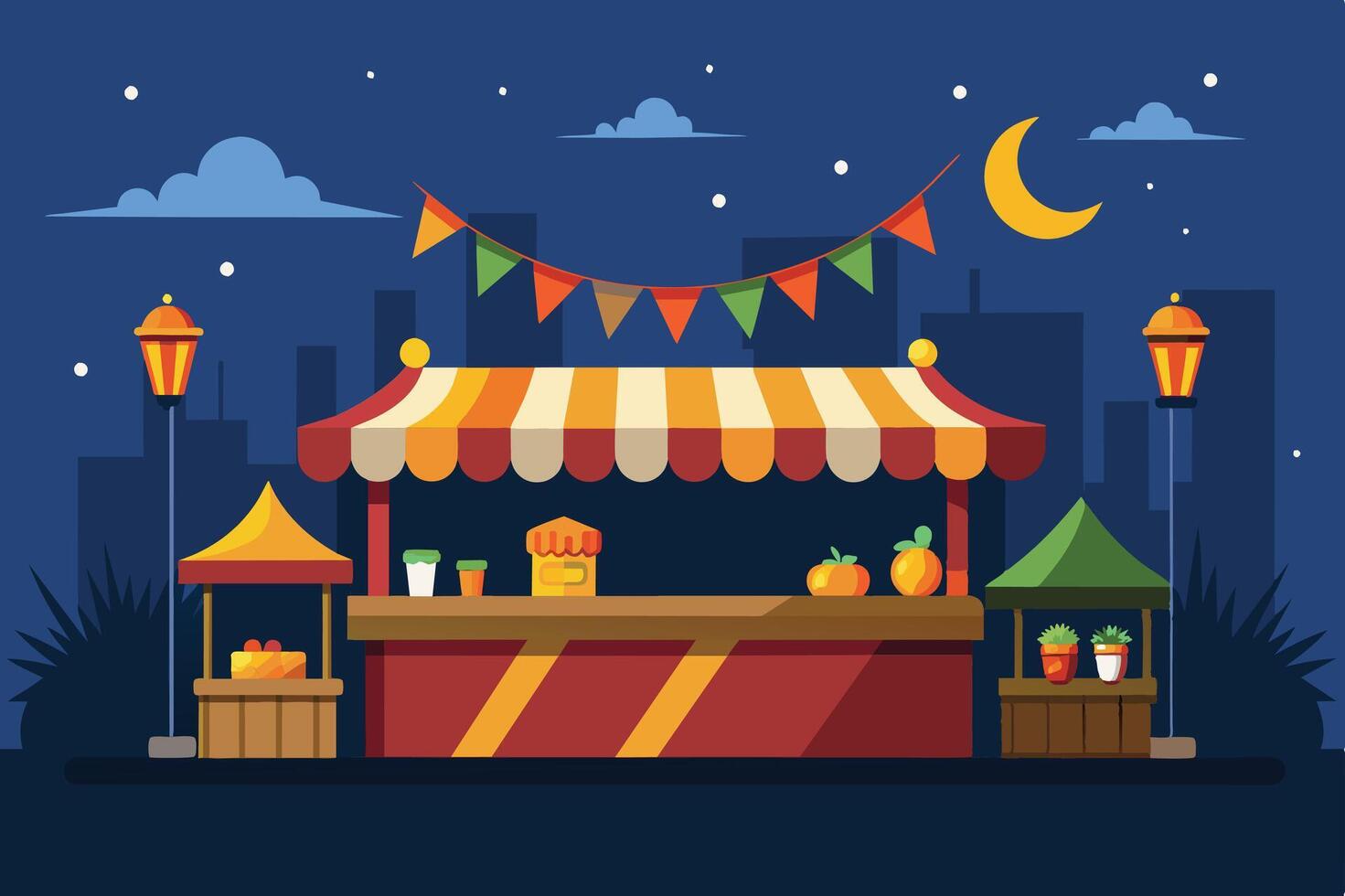 Colorful night market stall with festive decorations offering fruits and drinks under a starry sky vector