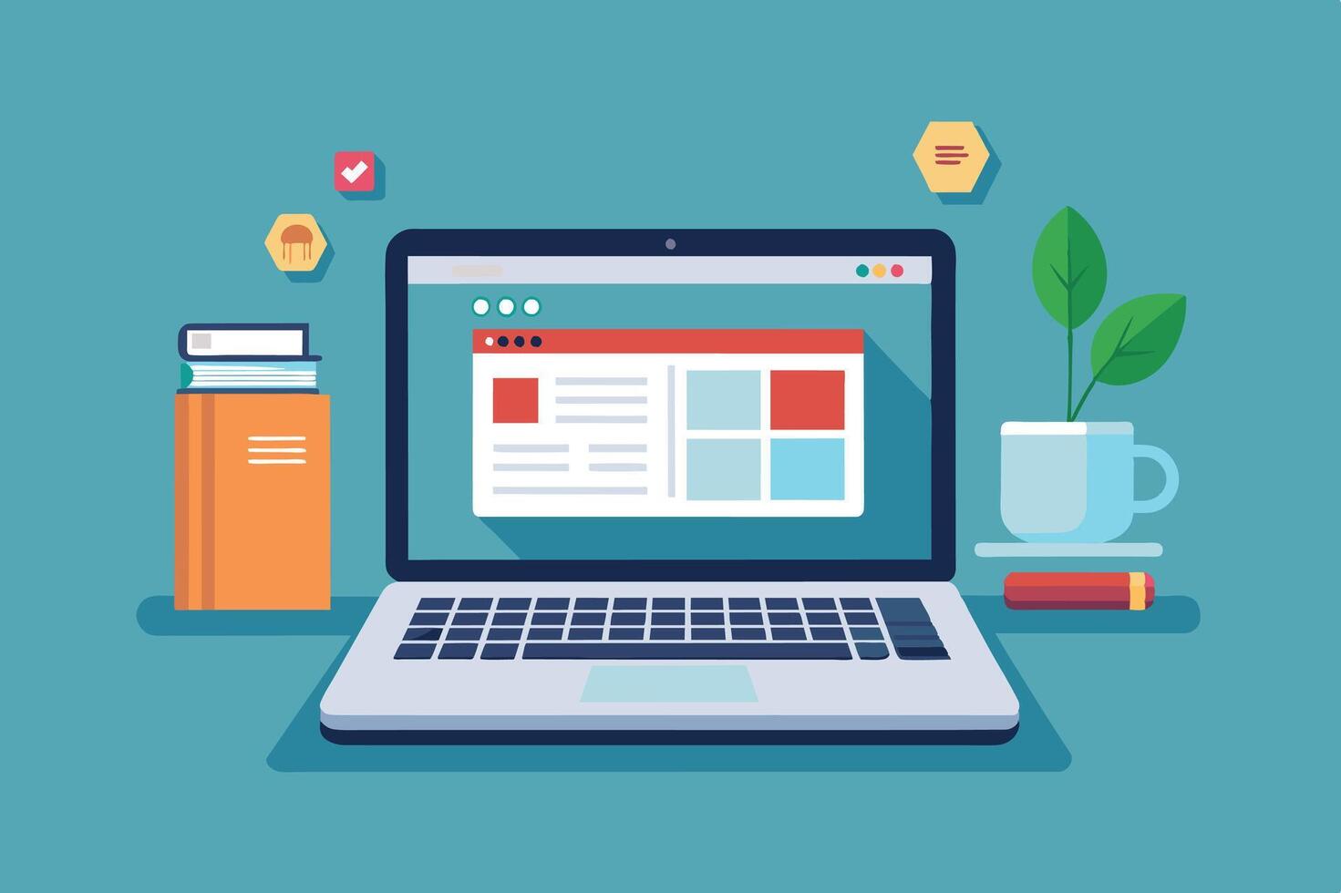 A workspace setup featuring a laptop, books, and a plant with a coffee mug against a blue background in a cozy home office vector