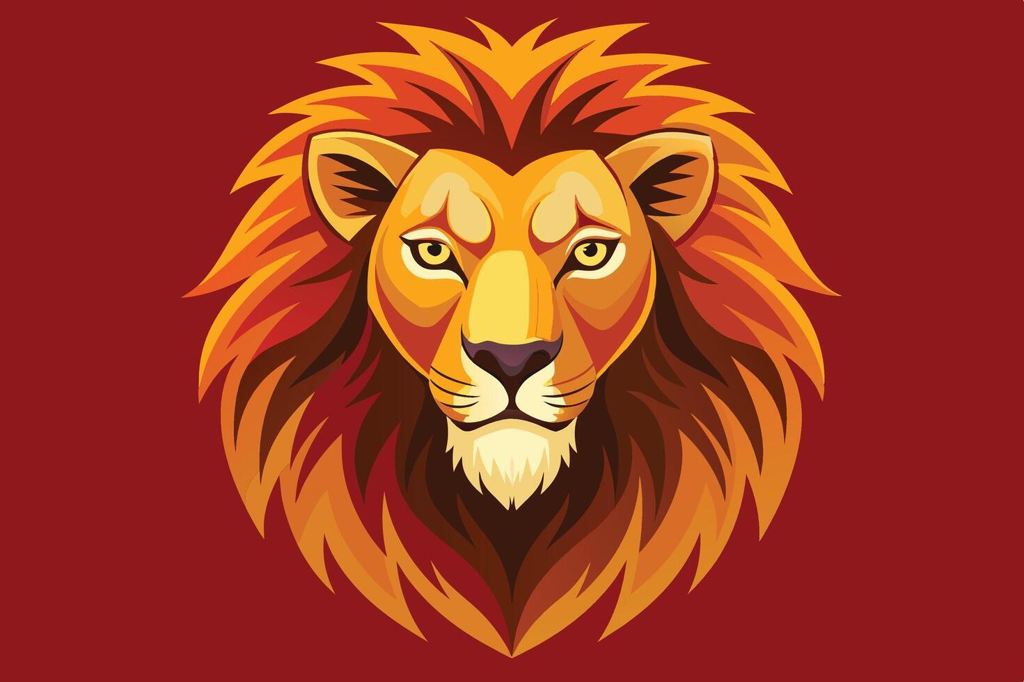 A vibrant illustration of a majestic lion's head with a flowing mane set against a rich red background, showcasing detailed artistry vector