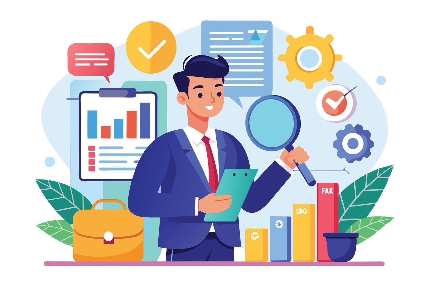 A young professional analyzing data with a magnifying glass in a modern office setting filled with charts and graphs during the day vector