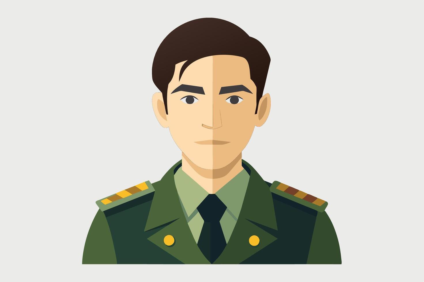 A portrait of a young serviceman in uniform showcasing military attire with shoulder insignia on a neutral background vector