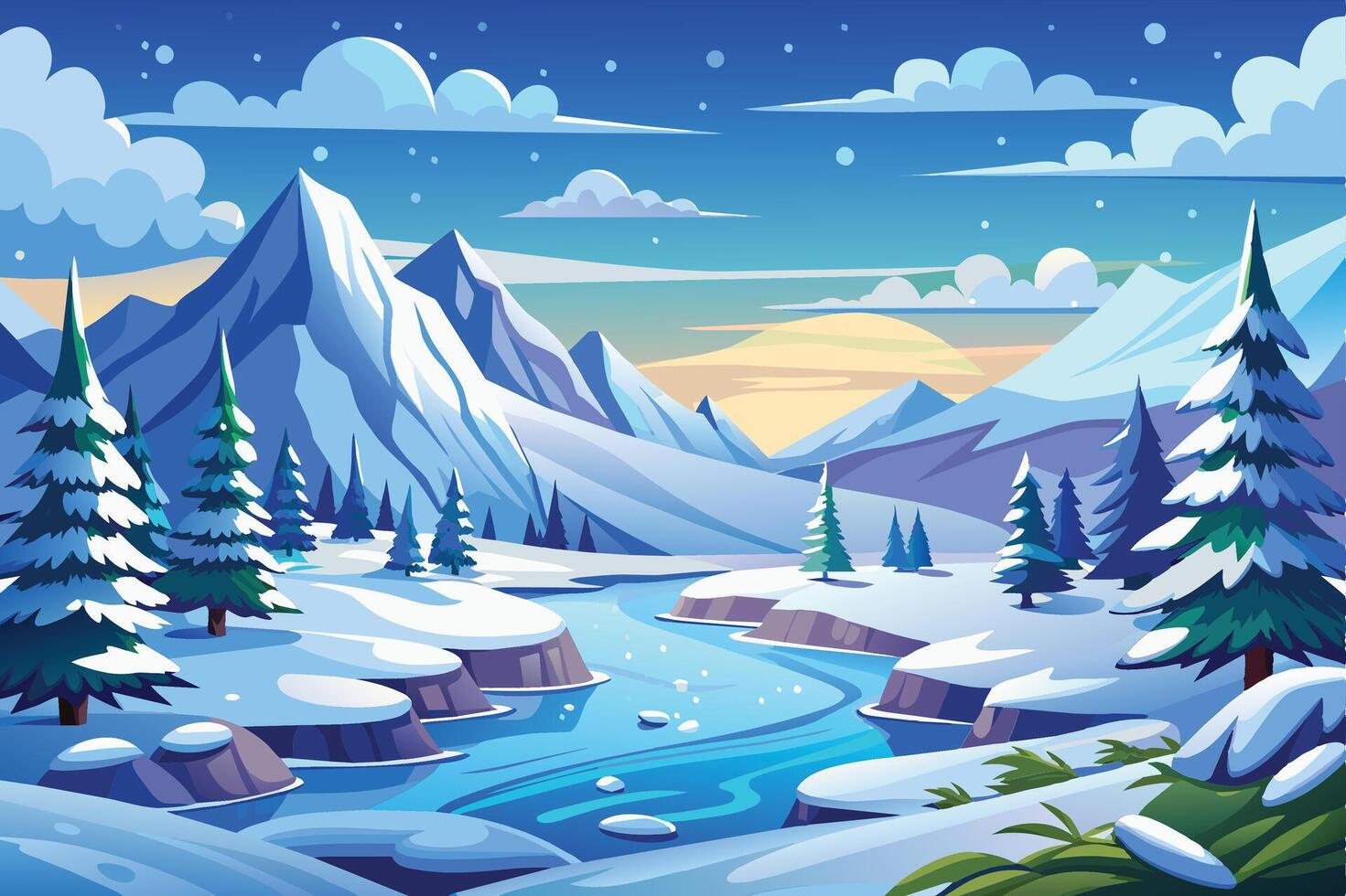 A serene winter landscape featuring snow-covered mountains and a winding river under a bright blue sky at twilight vector