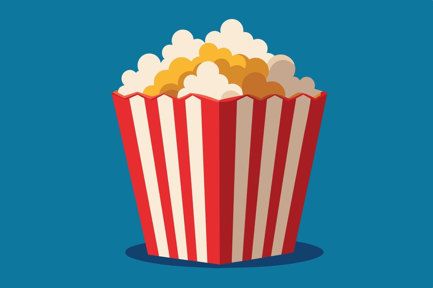 A classic striped popcorn bucket filled with fluffy popcorn against a solid blue background vector