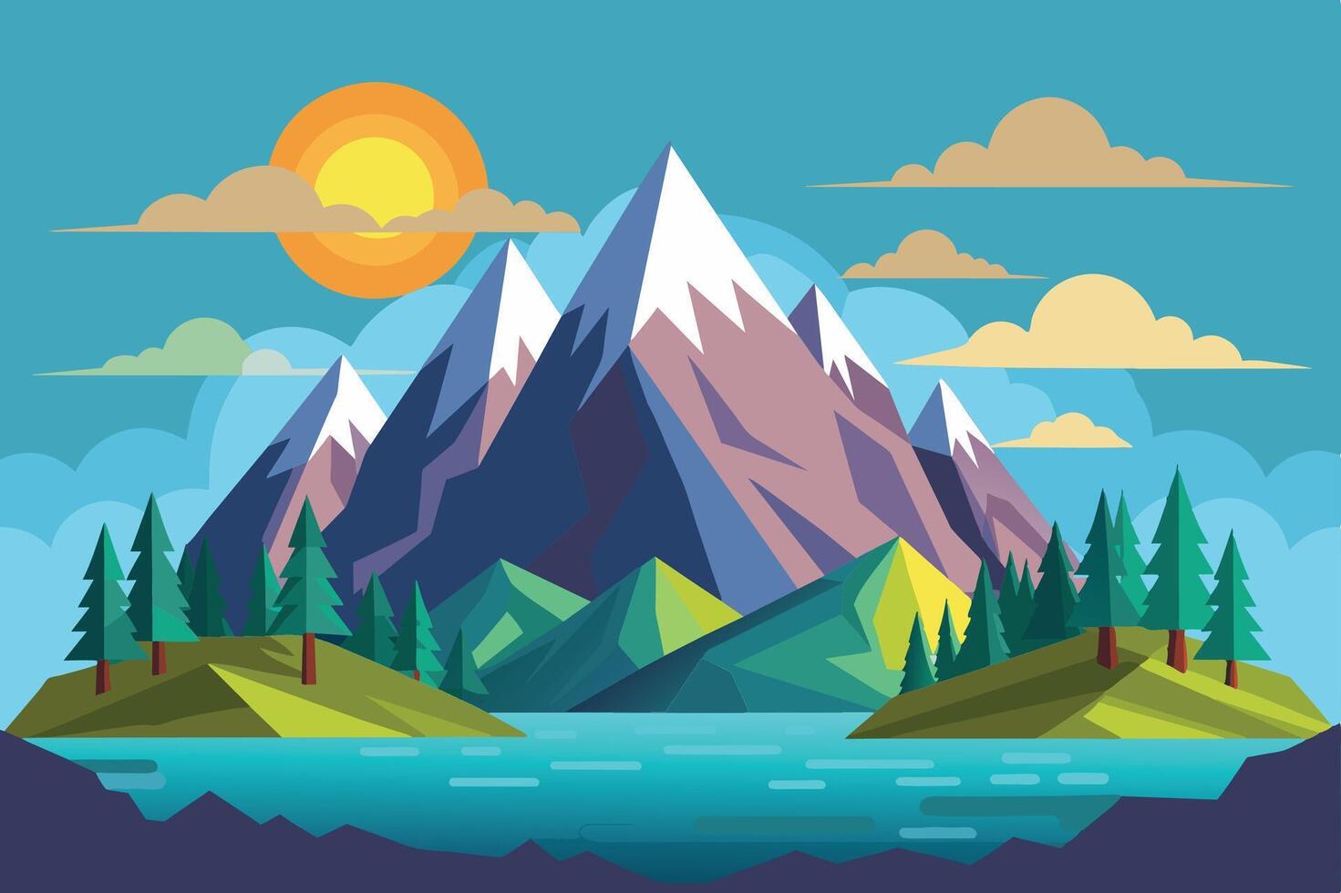 A vibrant mountain landscape with snow-capped peaks, a serene lake, and lush trees under a bright sun on a clear day vector