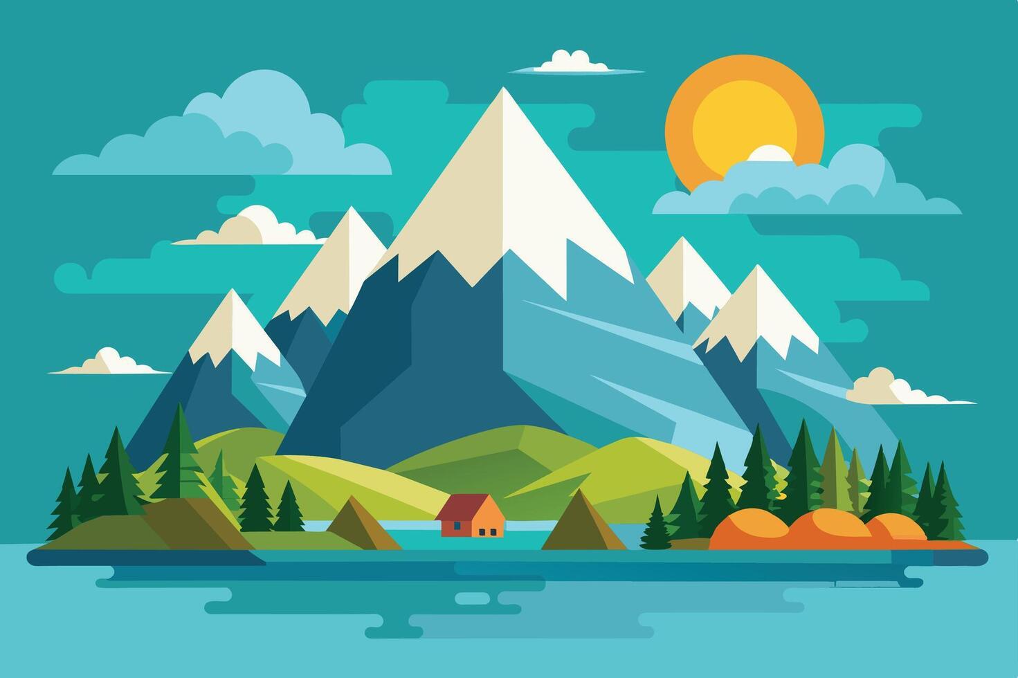 A colorful landscape with mountains, a lake, and a small house under a bright sun in a tranquil natural setting vector