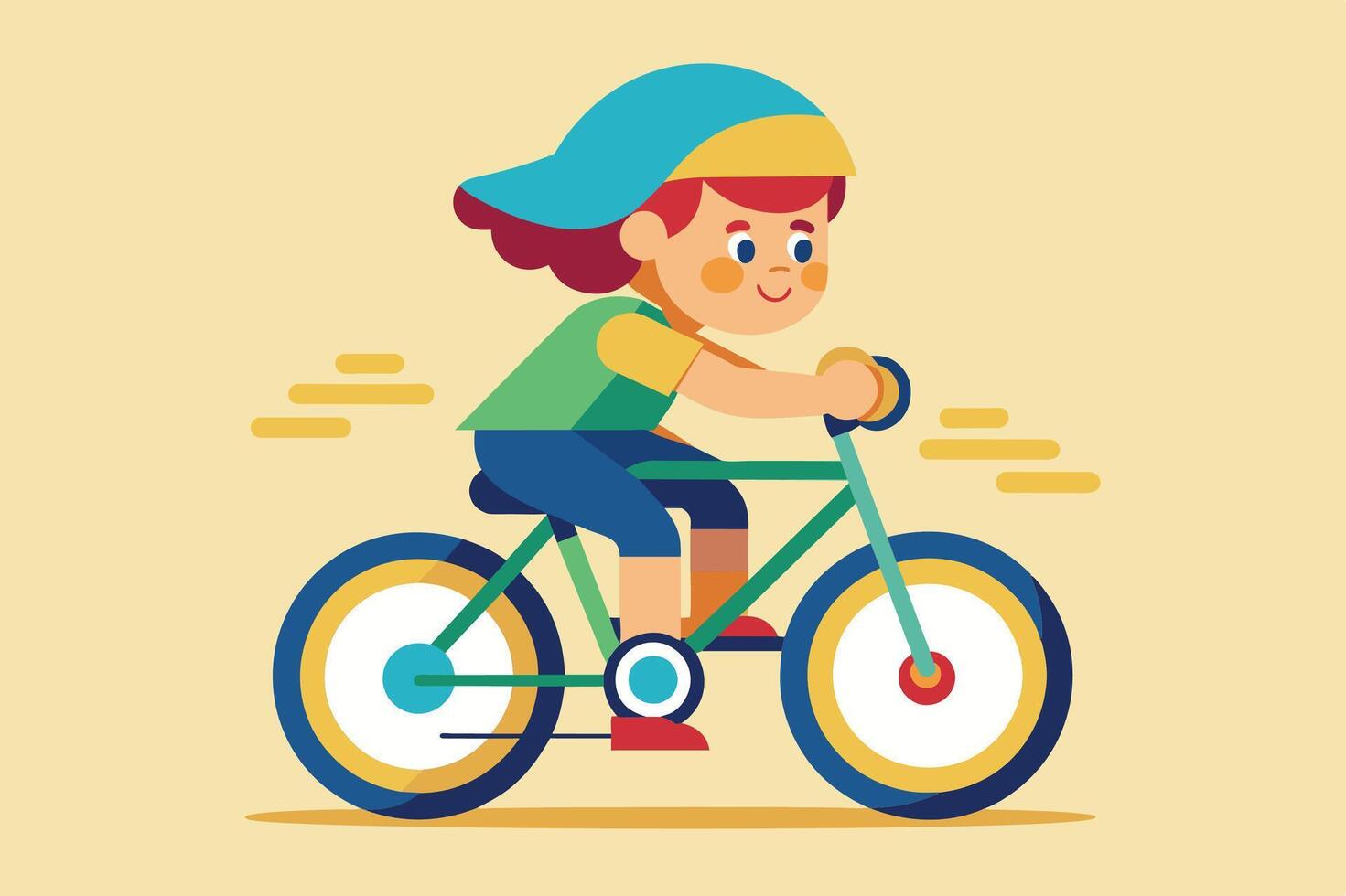 A cheerful child riding a bicycle with a blue cap on a sunny day, showcasing a fun outdoor activity in a vibrant illustration style vector