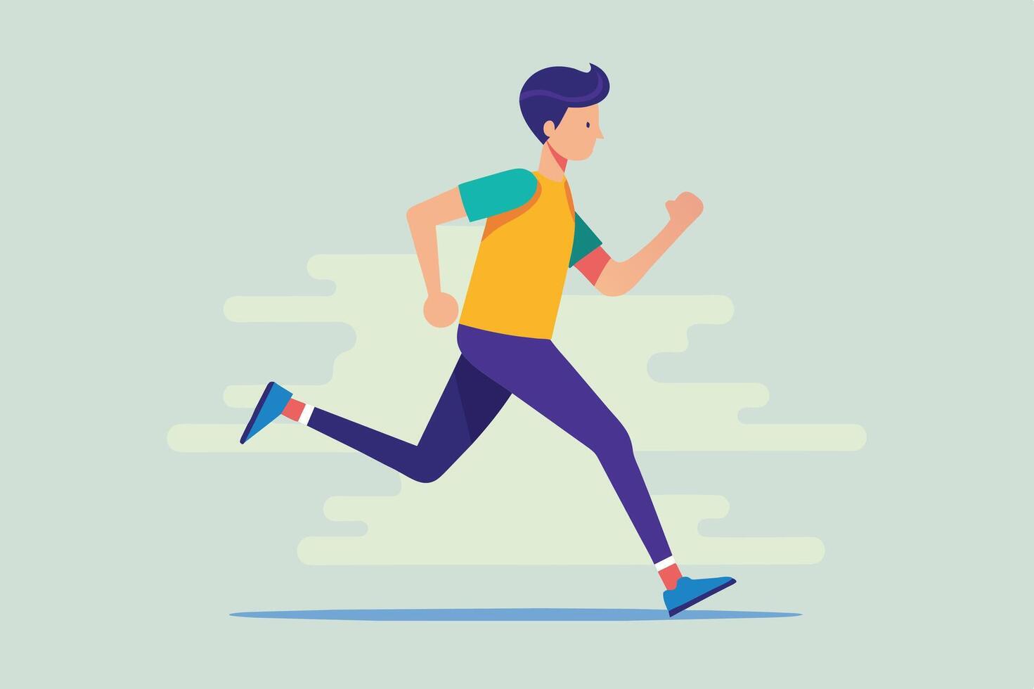 A young man jogging in a vibrant yellow shirt and blue sneakers against a abstract light background depicting motion and energy vector