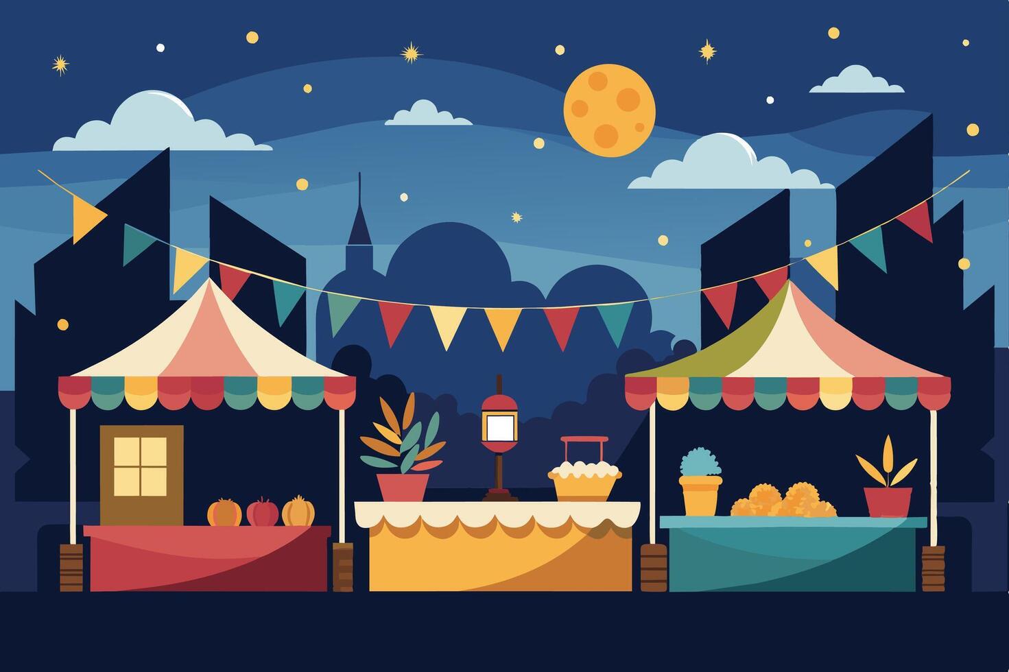 Colorful market stalls illuminated under the moonlight with festive decorations in a nighttime town vector
