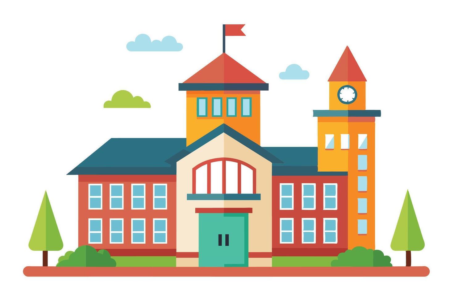 Colorful illustration of a school building with a clock tower set against a clear sky and green trees, ideal for educational themes and projects vector