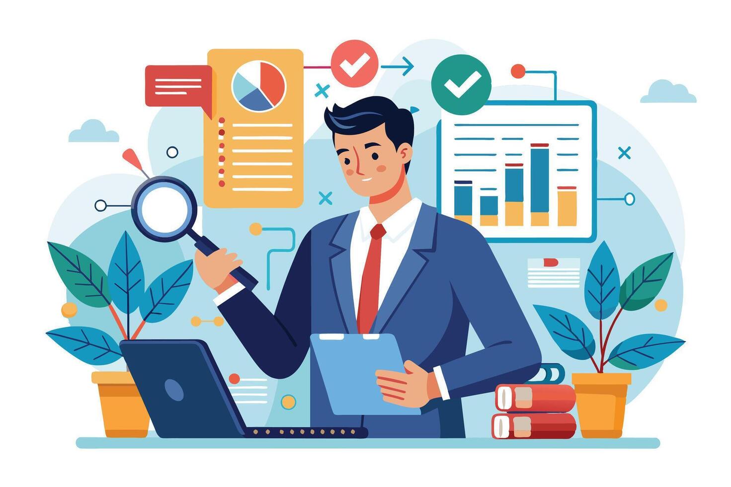 Business professional analyzing data with charts and graphs in a modern office environment surrounded by plants and documents vector