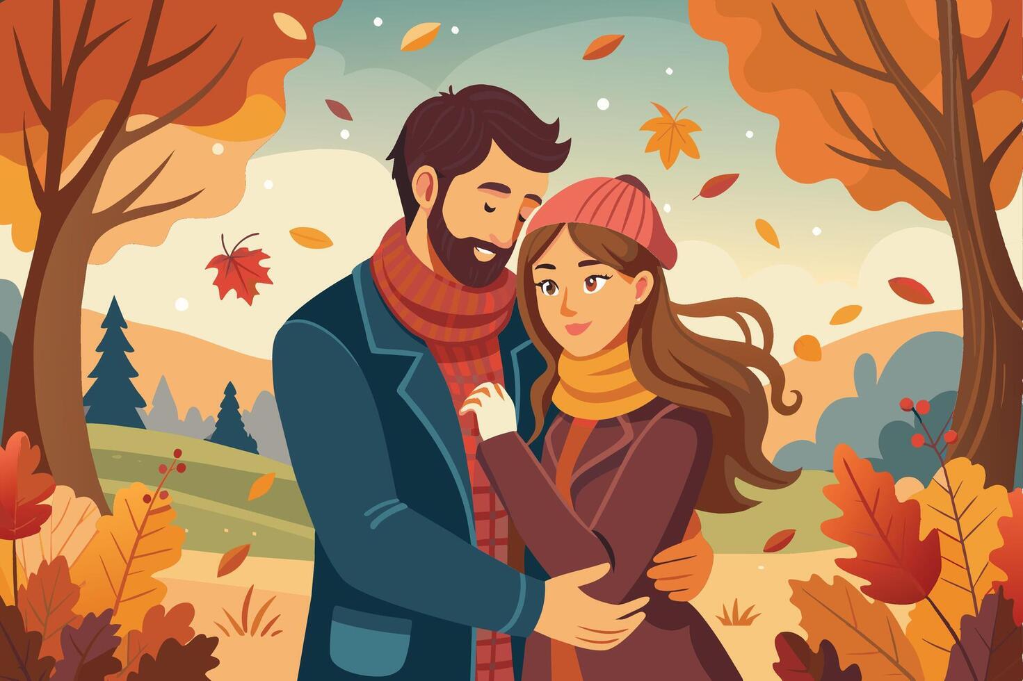 A couple sharing a warm moment in a colorful autumn landscape surrounded by falling leaves and vibrant trees during the season's change vector