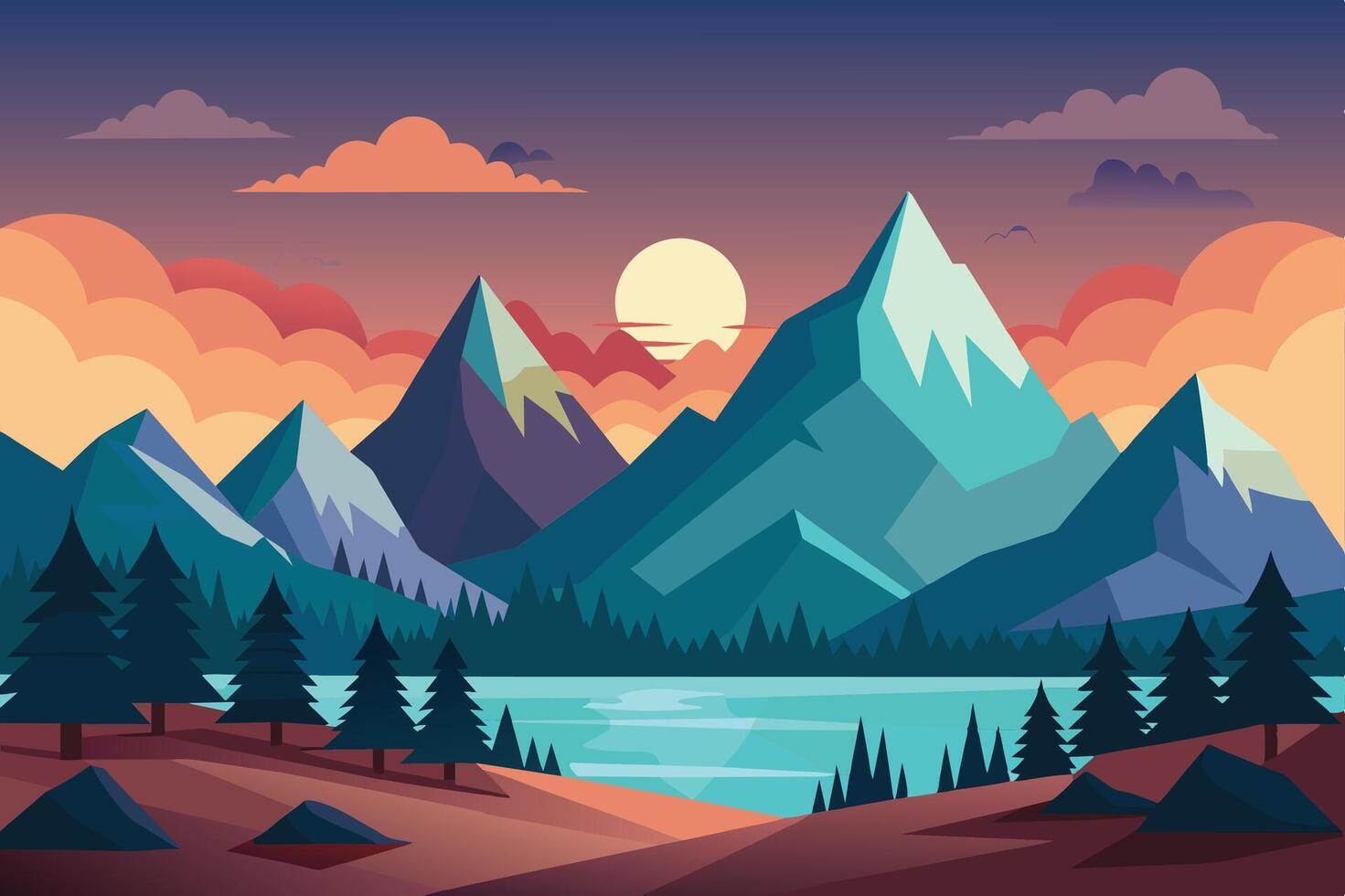 A serene landscape with vibrant mountains reflecting on a calm lake during sunset vector