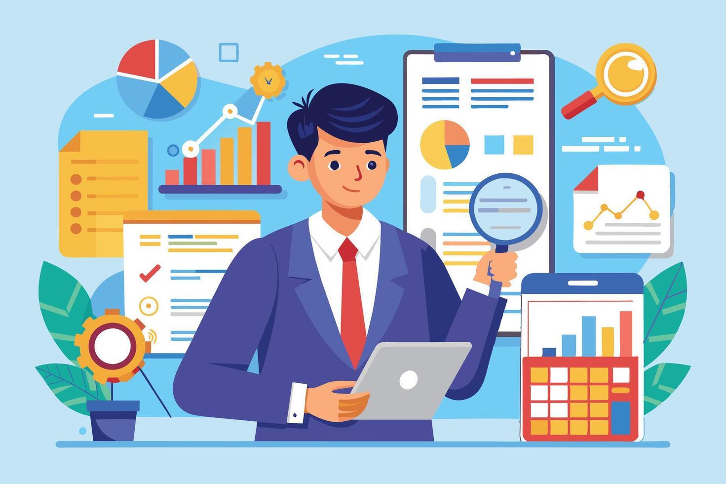 Business analyst working with data visualizations and reports in a modern office setting, focusing on trends and insights for strategic decisions vector