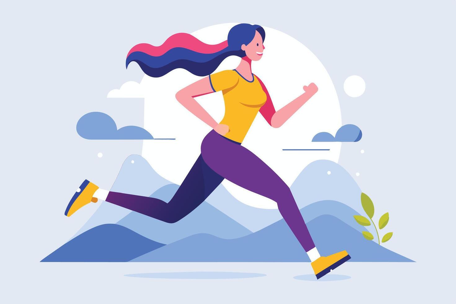 A woman jogging in an outdoor setting with mountains and clouds in the background during a sunny day vector