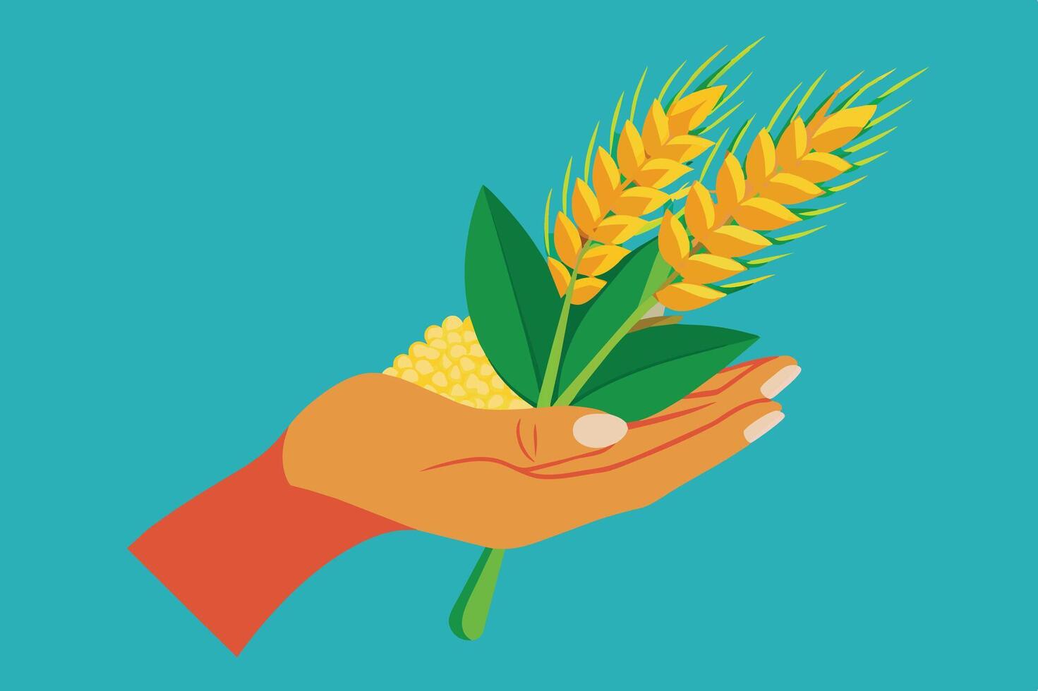 A colorful hand holding golden wheat stalks and yellow grains against a bright blue background vector